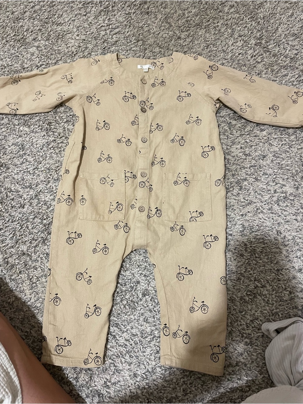 Rylee + Cru Beige One-Piece Romper with Black Bicycle Print